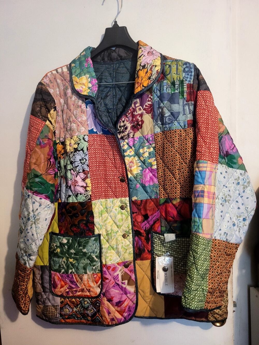 220 Hickory 100% Silk Patchwork Quilted Reversible Jacket Coat XL Art To Wear
